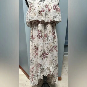 Pink floral high low strapless maxi dress.  Size large.  NWT cozy casual